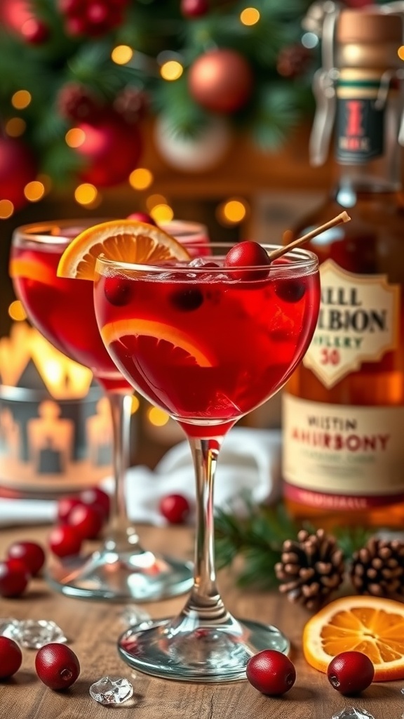 Festive Bourbon Christmas Cocktails Festive bourbon cocktails with cranberries and orange slices in a holiday setting.